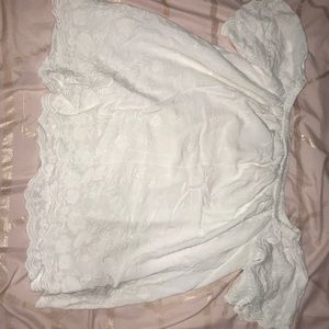 Off the shoulder blue rain off white top